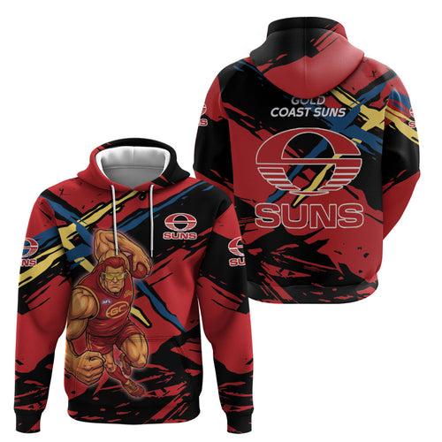 Gold Coast Suns Zip Hoodie Suns Muscular Mascot Graphic - Abstract Paint Splatter Art