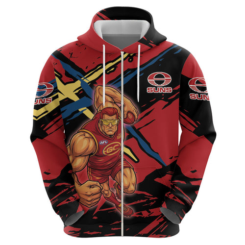 Gold Coast Suns Zip Hoodie Suns Muscular Mascot Graphic - Abstract Paint Splatter Art