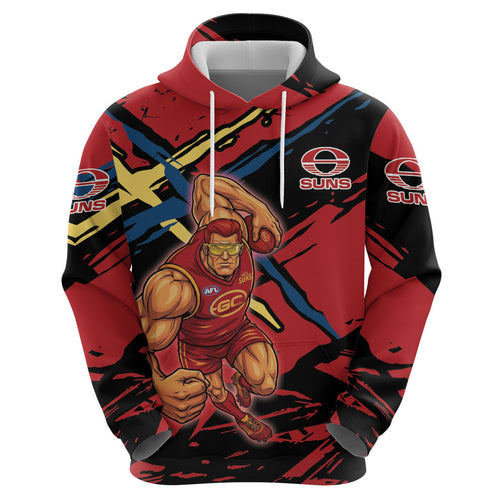 Gold Coast Suns Zip Hoodie Suns Muscular Mascot Graphic - Abstract Paint Splatter Art