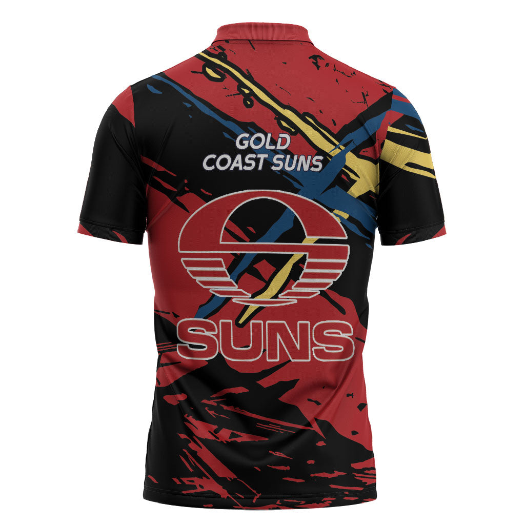 Gold Coast Suns Zipper Polo Shirt Suns Muscular Mascot Graphic - Abstract Paint Splatter Art