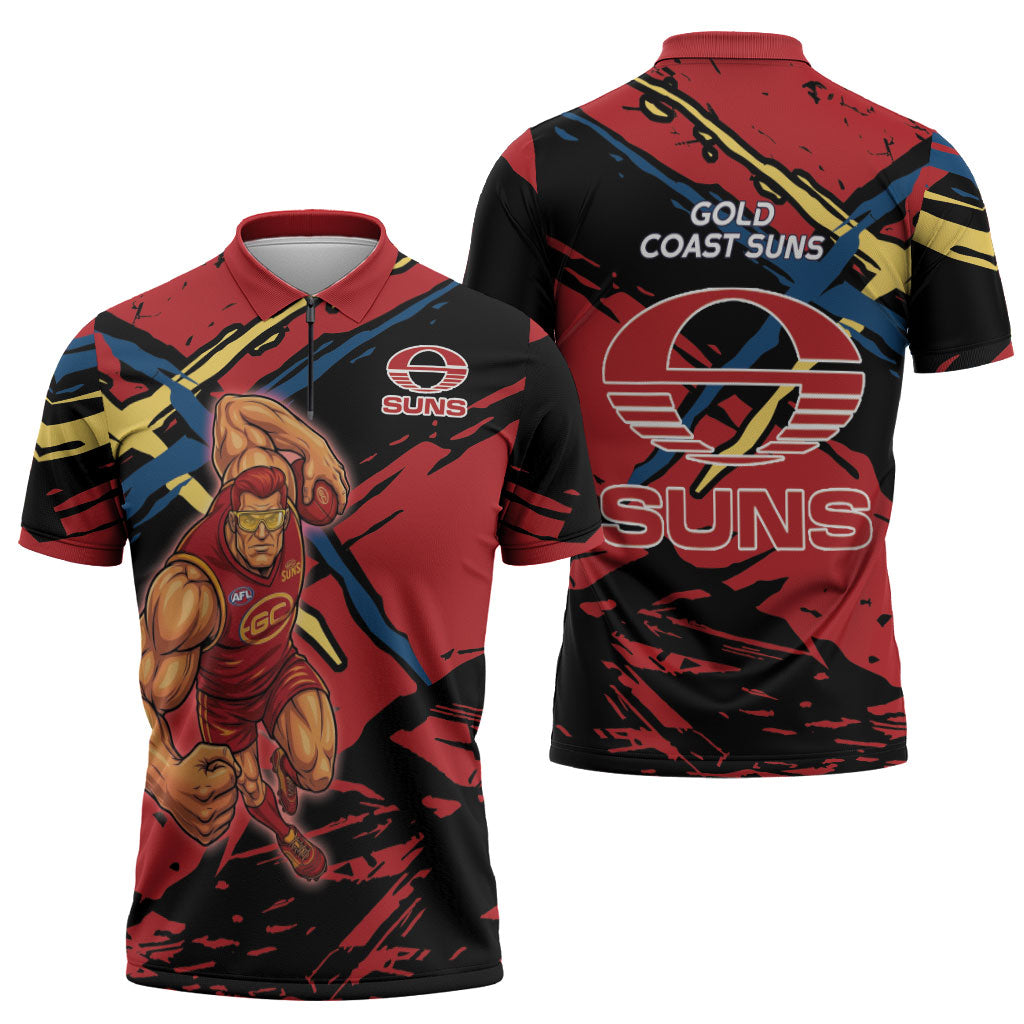Gold Coast Suns Zipper Polo Shirt Suns Muscular Mascot Graphic - Abstract Paint Splatter Art