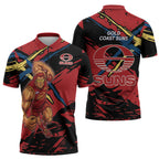 Gold Coast Suns Zipper Polo Shirt Suns Muscular Mascot Graphic - Abstract Paint Splatter Art