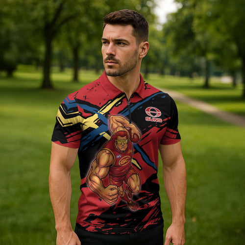 Gold Coast Suns Zipper Polo Shirt Suns Muscular Mascot Graphic - Abstract Paint Splatter Art