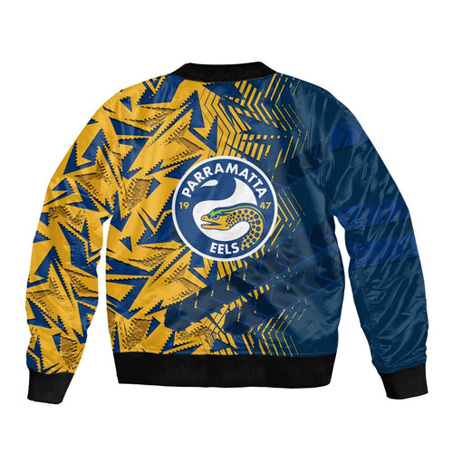 Parramatta Eels Rugby Bomber Jacket Fierce Mascot Geometric Tribal Art