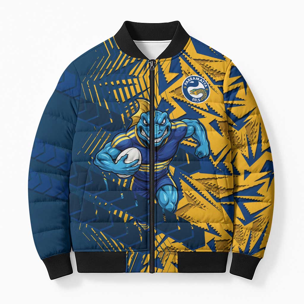 Parramatta Eels Rugby Bomber Puffer Jacket Fierce Mascot Geometric Tribal Art