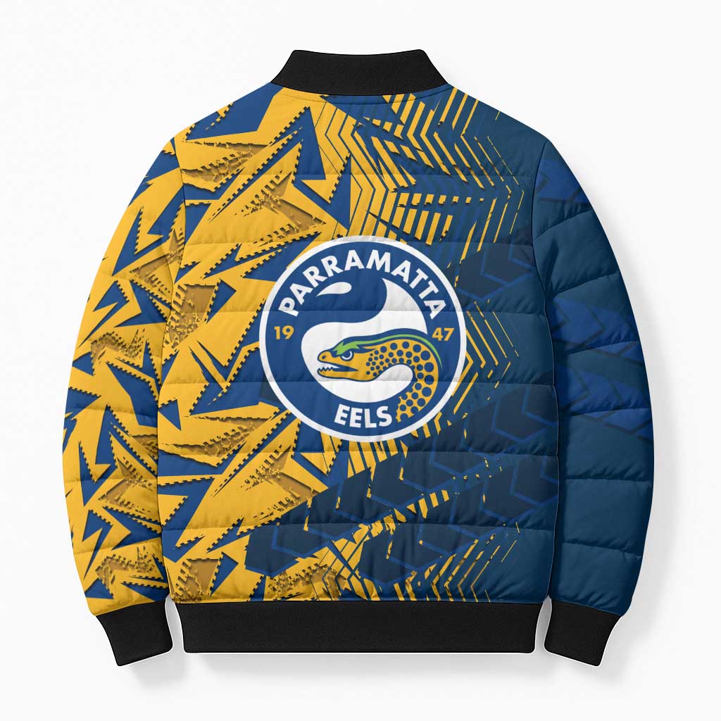 Parramatta Eels Rugby Bomber Puffer Jacket Fierce Mascot Geometric Tribal Art