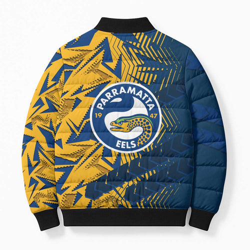 Parramatta Eels Rugby Bomber Puffer Jacket Fierce Mascot Geometric Tribal Art