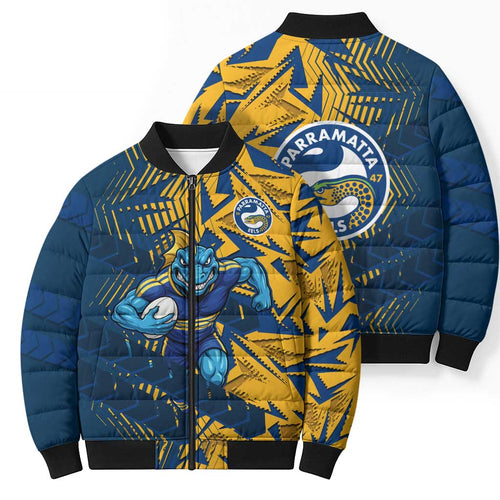 Parramatta Eels Rugby Bomber Puffer Jacket Fierce Mascot Geometric Tribal Art