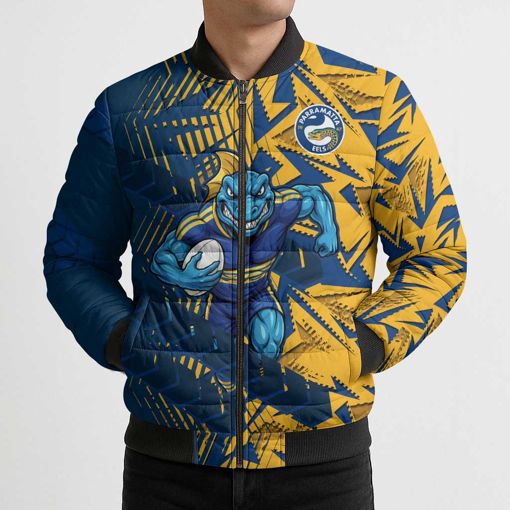 Parramatta Eels Rugby Bomber Puffer Jacket Fierce Mascot Geometric Tribal Art