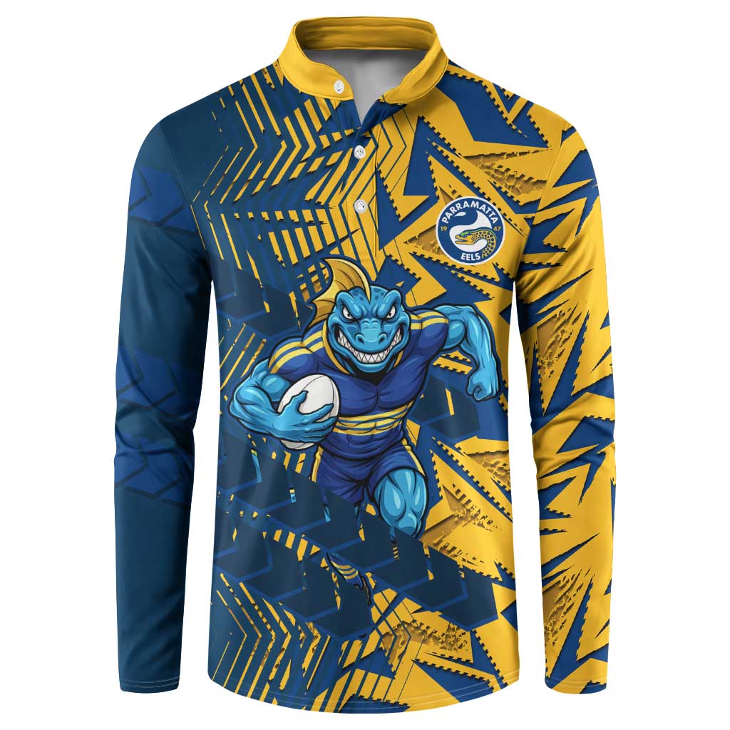 Parramatta Eels Rugby Button Sweatshirt Fierce Mascot Geometric Tribal Art
