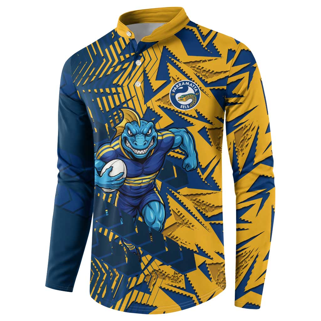 Parramatta Eels Rugby Button Sweatshirt Fierce Mascot Geometric Tribal Art