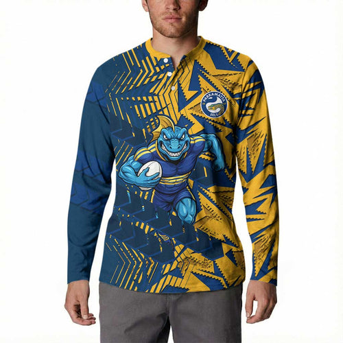 Parramatta Eels Rugby Button Sweatshirt Fierce Mascot Geometric Tribal Art
