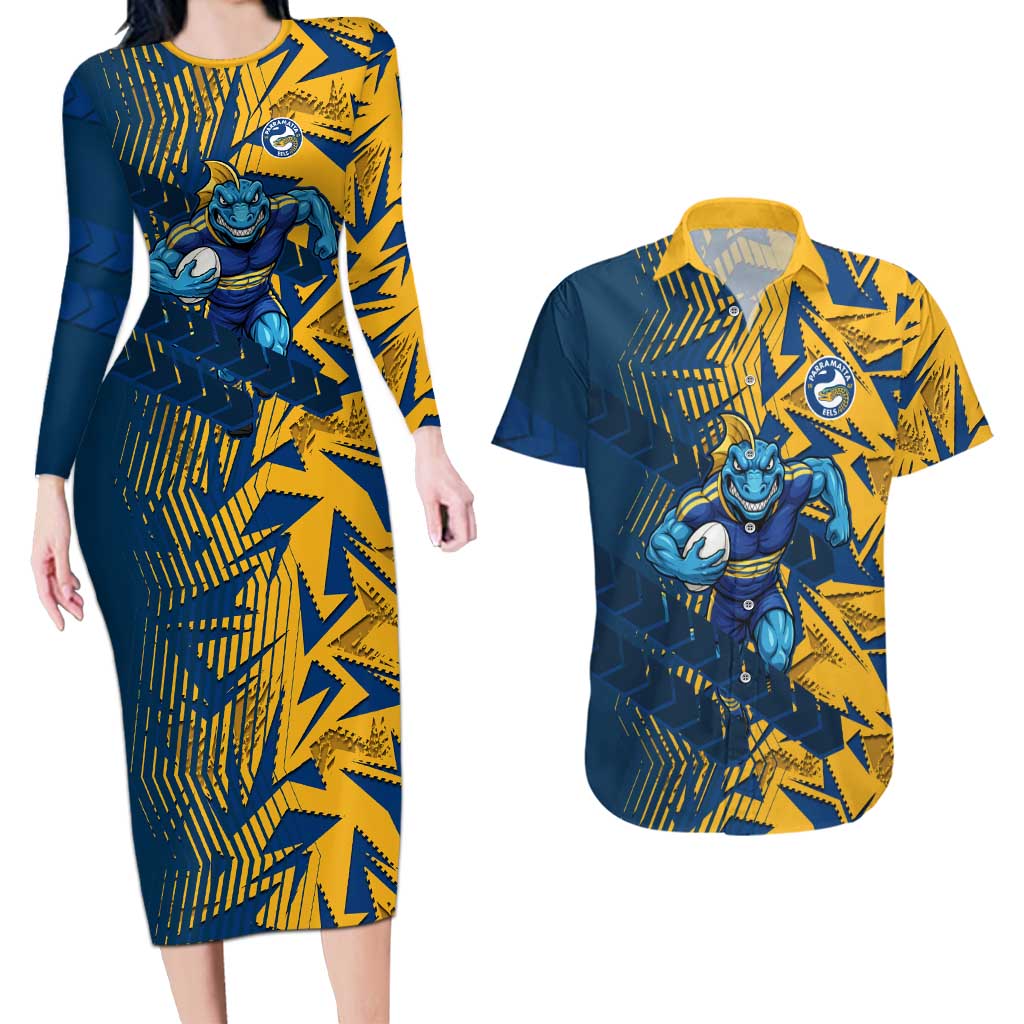 Parramatta Eels Rugby Couples Matching Long Sleeve Bodycon Dress and Hawaiian Shirt Fierce Mascot Geometric Tribal Art