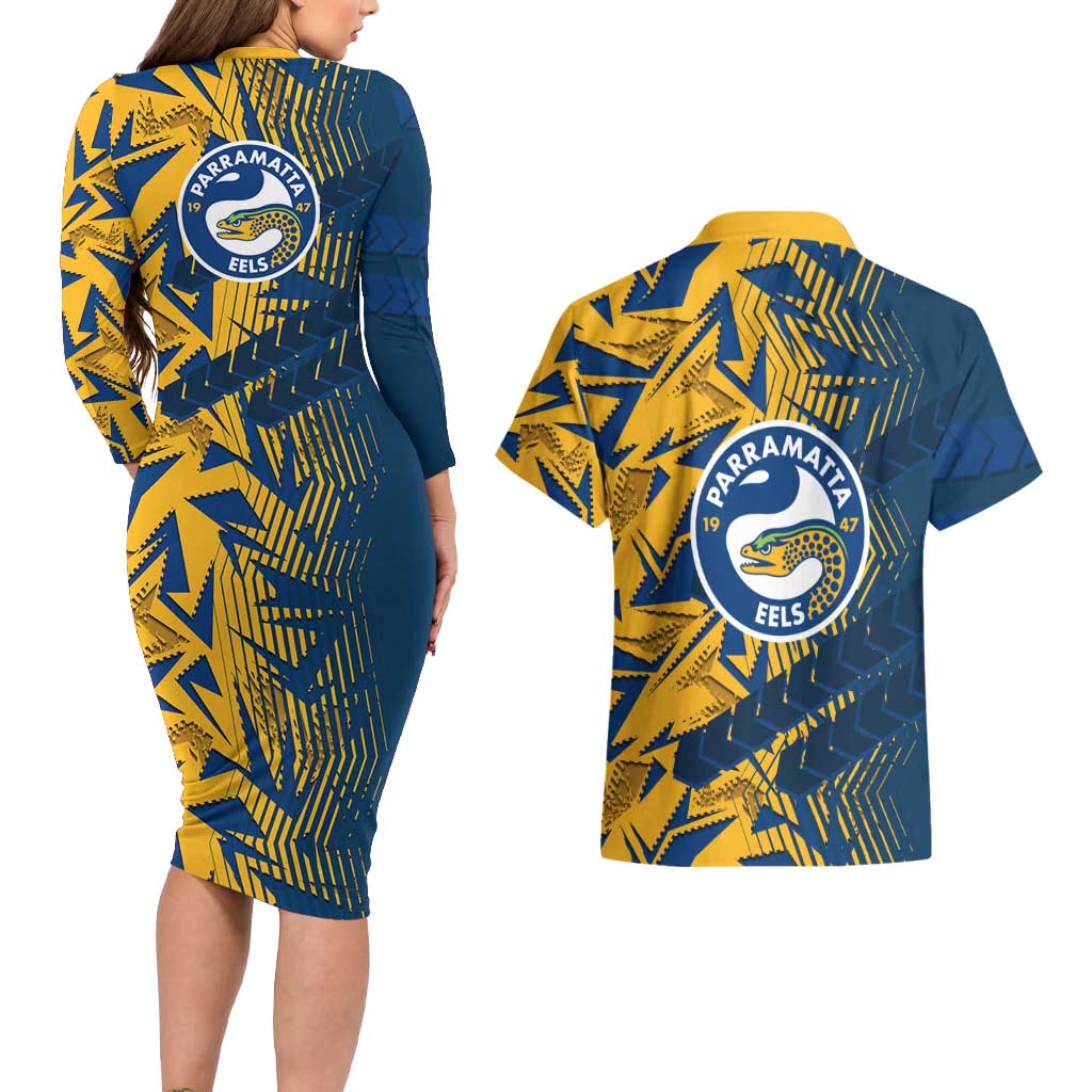Parramatta Eels Rugby Couples Matching Long Sleeve Bodycon Dress and Hawaiian Shirt Fierce Mascot Geometric Tribal Art