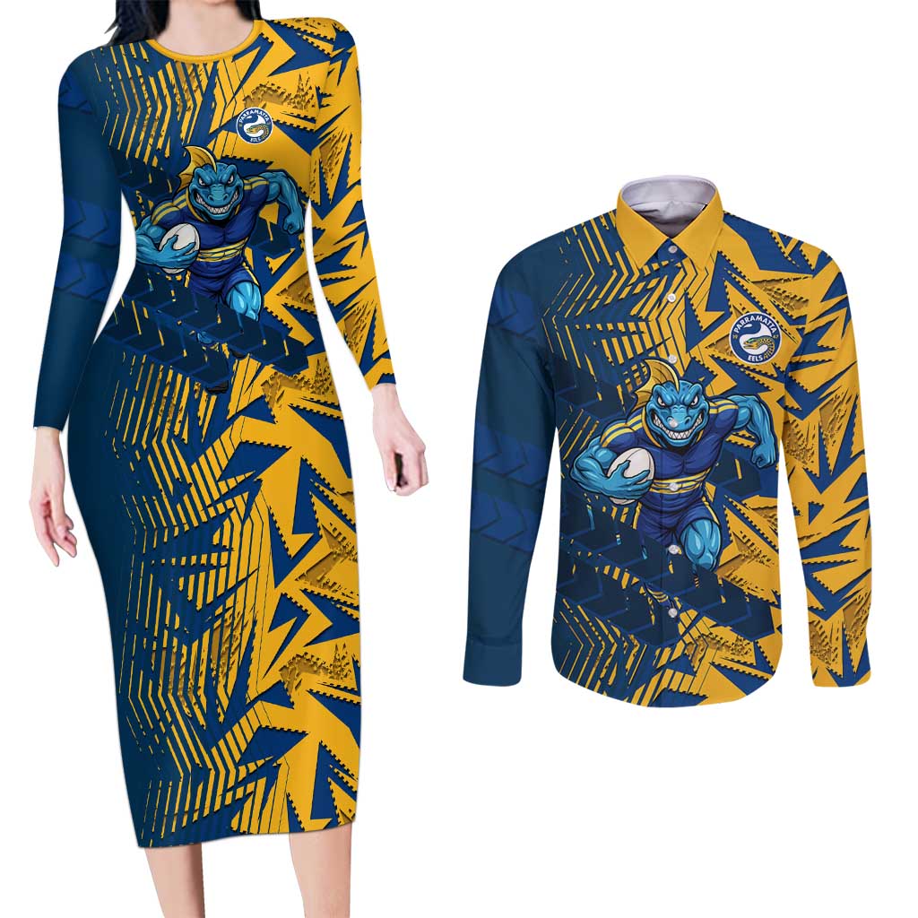 Parramatta Eels Rugby Couples Matching Long Sleeve Bodycon Dress and Long Sleeve Button Shirt Fierce Mascot Geometric Tribal Art