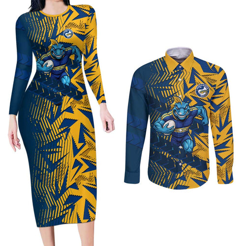 Parramatta Eels Rugby Couples Matching Long Sleeve Bodycon Dress and Long Sleeve Button Shirt Fierce Mascot Geometric Tribal Art