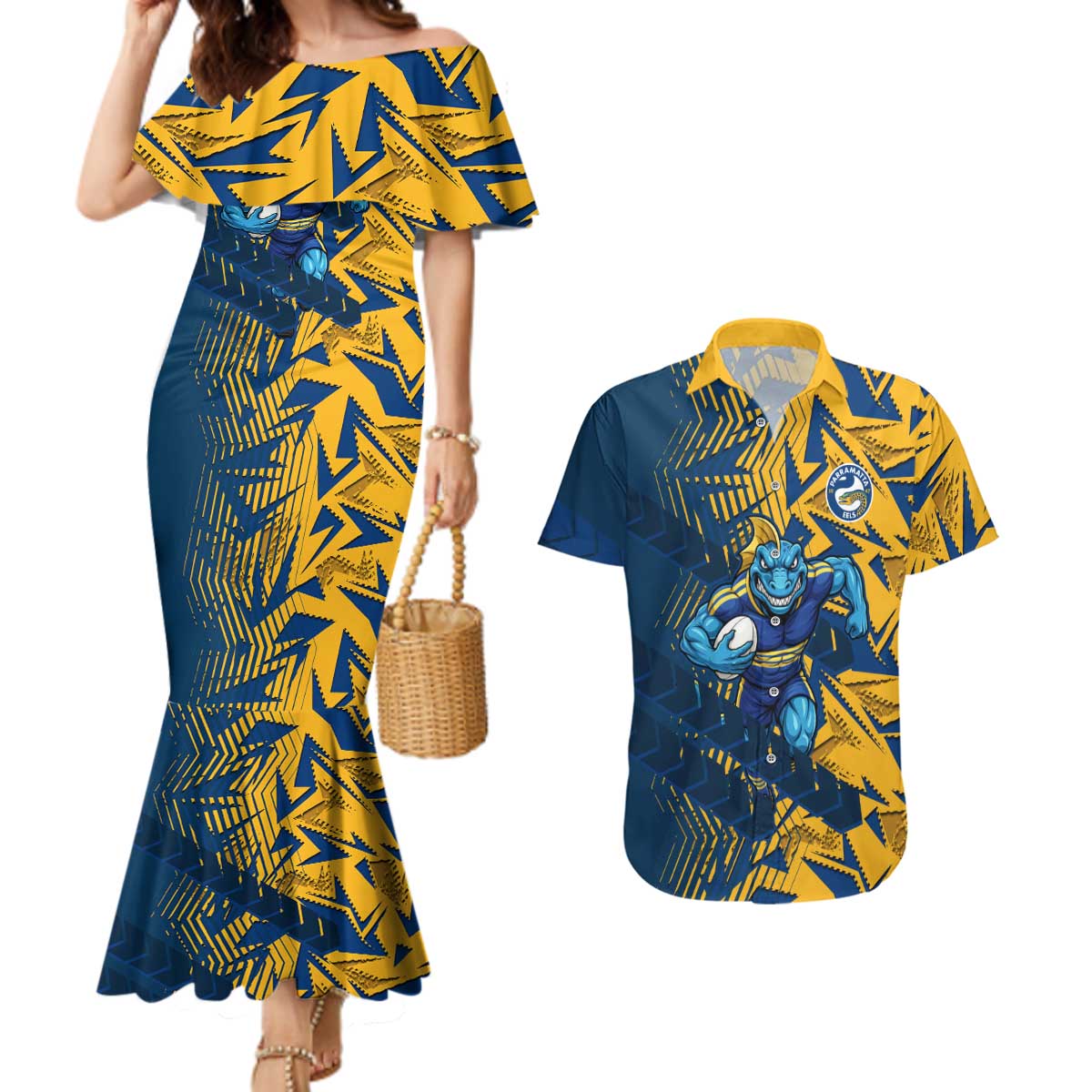 Parramatta Eels Rugby Couples Matching Mermaid Dress and Hawaiian Shirt Fierce Mascot Geometric Tribal Art