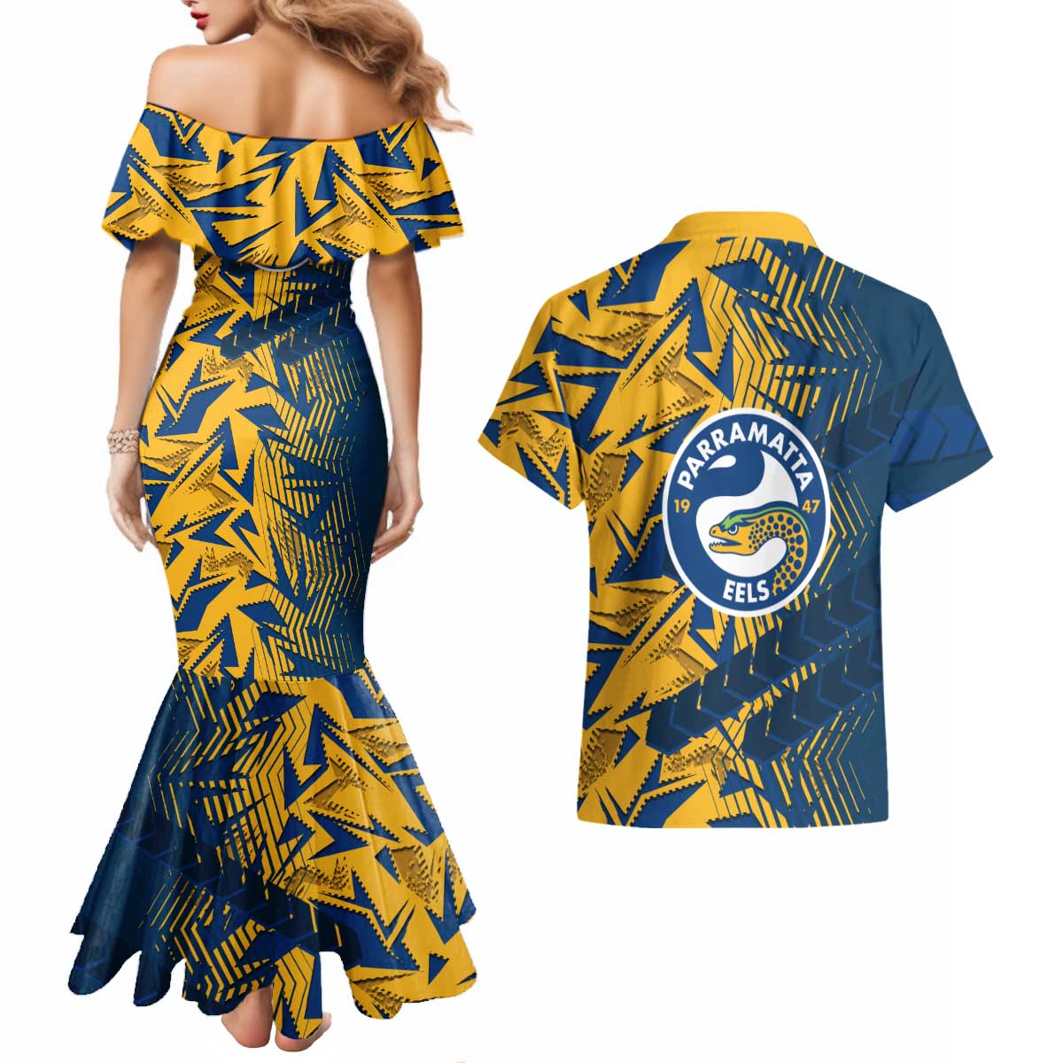 Parramatta Eels Rugby Couples Matching Mermaid Dress and Hawaiian Shirt Fierce Mascot Geometric Tribal Art