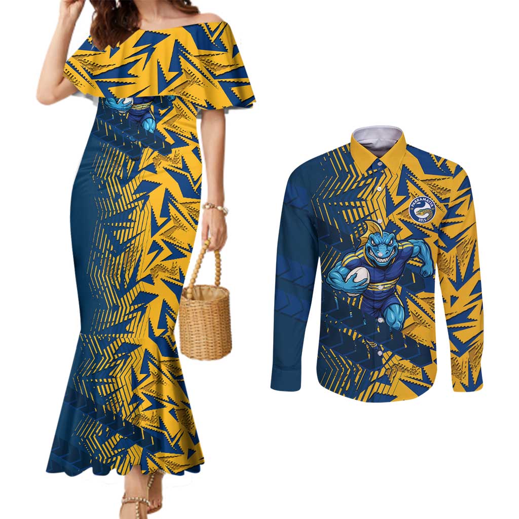 Parramatta Eels Rugby Couples Matching Mermaid Dress and Long Sleeve Button Shirt Fierce Mascot Geometric Tribal Art