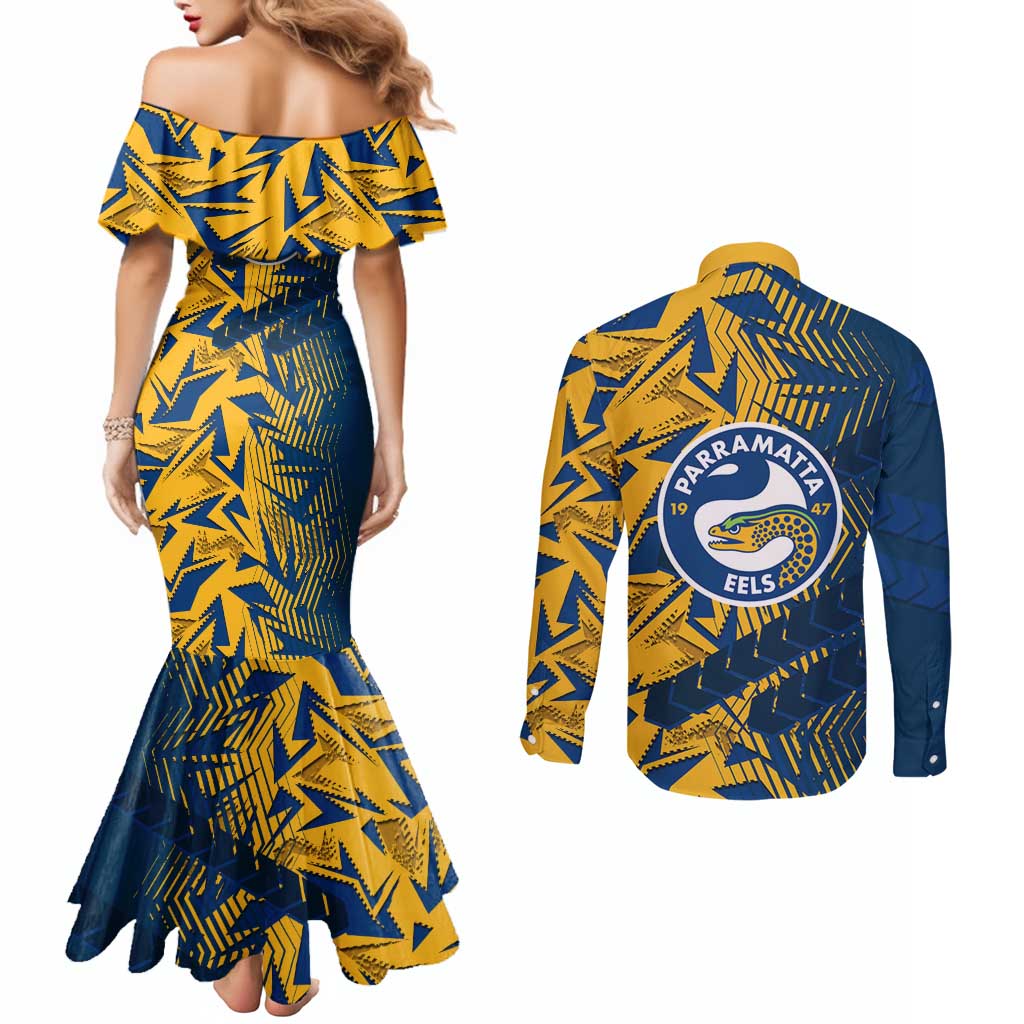 Parramatta Eels Rugby Couples Matching Mermaid Dress and Long Sleeve Button Shirt Fierce Mascot Geometric Tribal Art