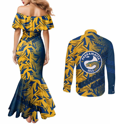 Parramatta Eels Rugby Couples Matching Mermaid Dress and Long Sleeve Button Shirt Fierce Mascot Geometric Tribal Art