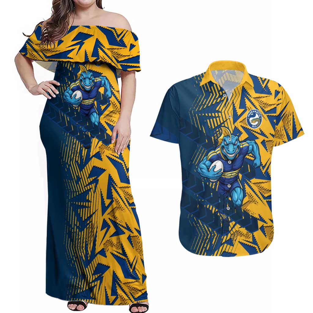 Parramatta Eels Rugby Couples Matching Off Shoulder Maxi Dress and Hawaiian Shirt Fierce Mascot Geometric Tribal Art