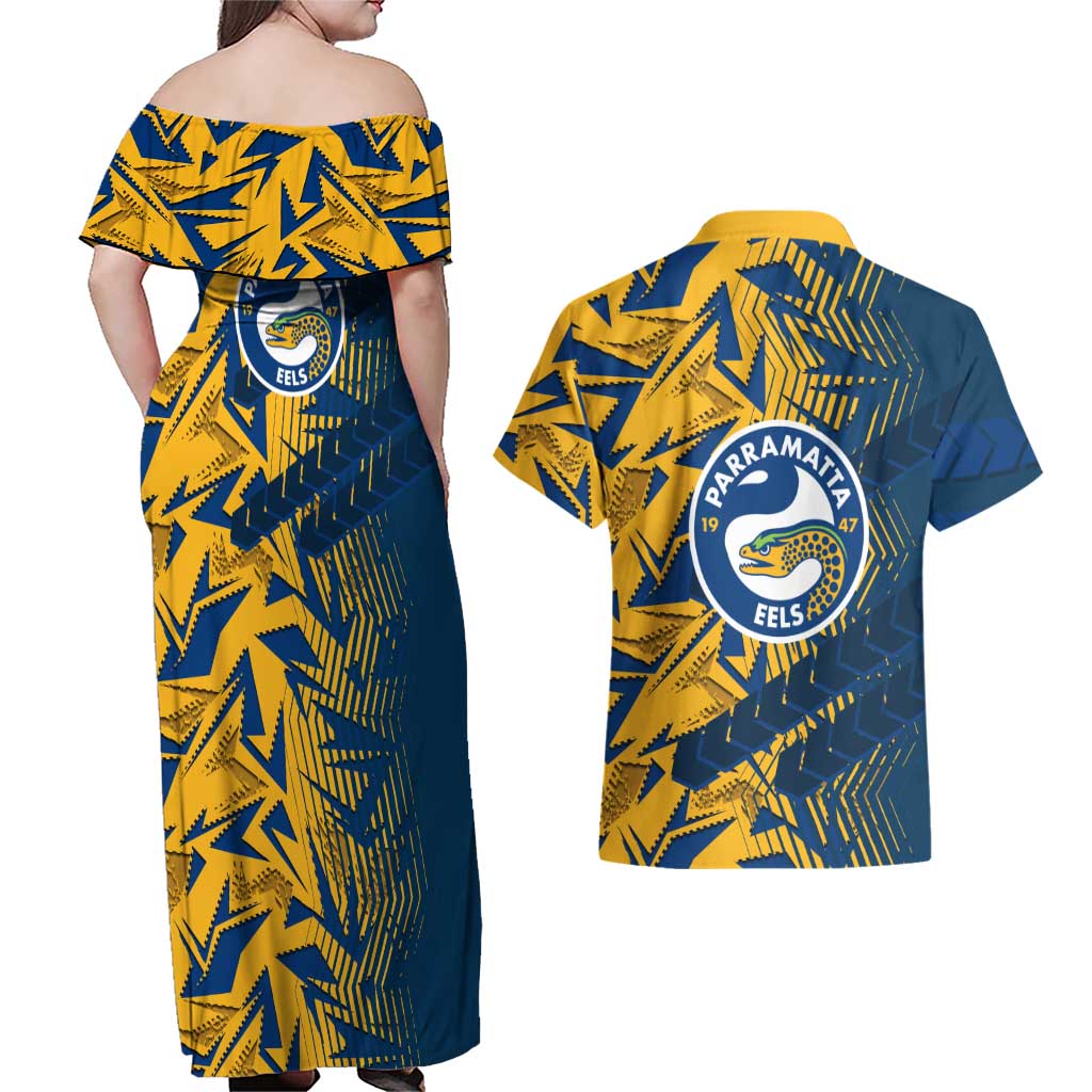 Parramatta Eels Rugby Couples Matching Off Shoulder Maxi Dress and Hawaiian Shirt Fierce Mascot Geometric Tribal Art