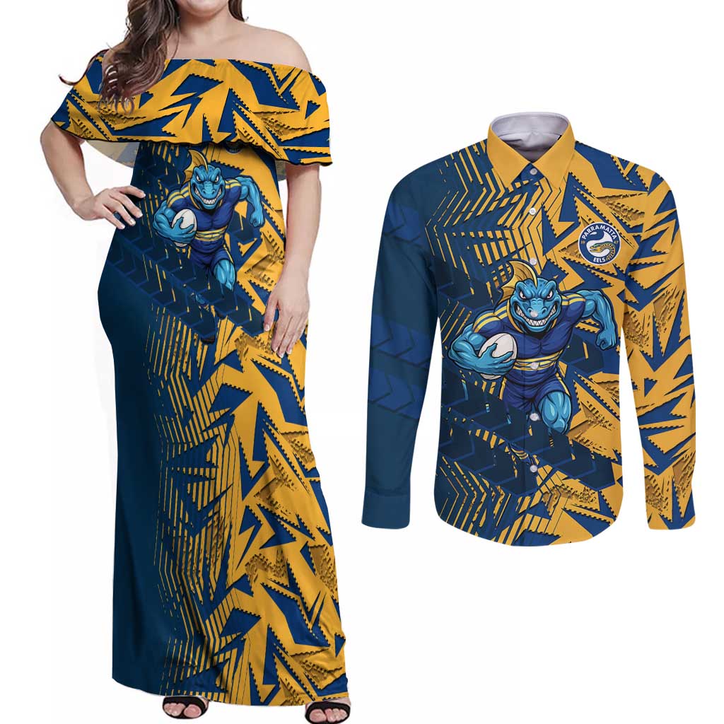 Parramatta Eels Rugby Couples Matching Off Shoulder Maxi Dress and Long Sleeve Button Shirt Fierce Mascot Geometric Tribal Art