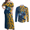 Parramatta Eels Rugby Couples Matching Off Shoulder Maxi Dress and Long Sleeve Button Shirt Fierce Mascot Geometric Tribal Art