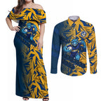 Parramatta Eels Rugby Couples Matching Off Shoulder Maxi Dress and Long Sleeve Button Shirt Fierce Mascot Geometric Tribal Art