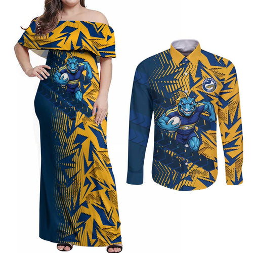 Parramatta Eels Rugby Couples Matching Off Shoulder Maxi Dress and Long Sleeve Button Shirt Fierce Mascot Geometric Tribal Art
