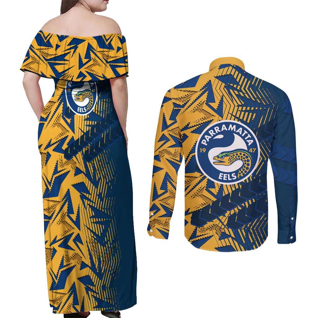 Parramatta Eels Rugby Couples Matching Off Shoulder Maxi Dress and Long Sleeve Button Shirt Fierce Mascot Geometric Tribal Art