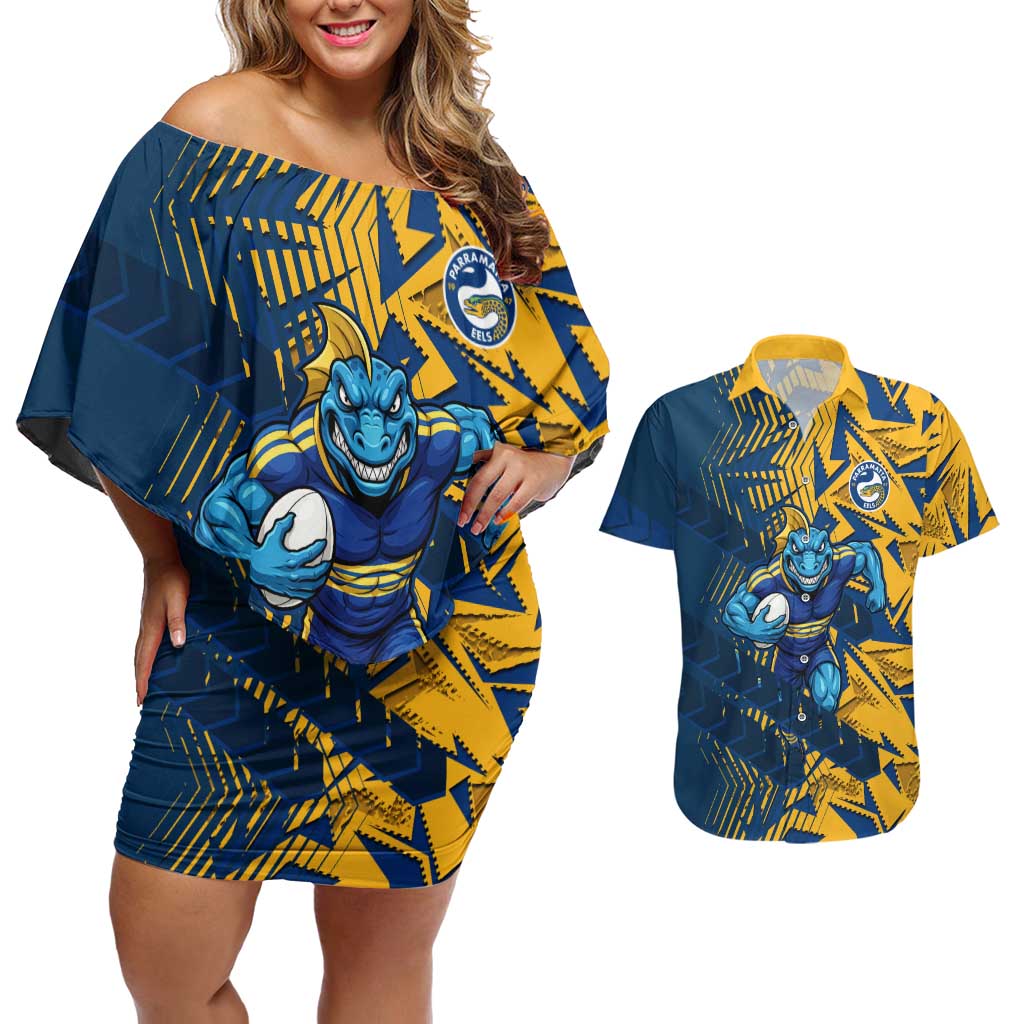 Parramatta Eels Rugby Couples Matching Off Shoulder Short Dress and Hawaiian Shirt Fierce Mascot Geometric Tribal Art