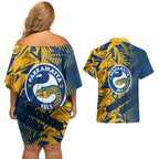 Parramatta Eels Rugby Couples Matching Off Shoulder Short Dress and Hawaiian Shirt Fierce Mascot Geometric Tribal Art