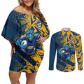 Parramatta Eels Rugby Couples Matching Off Shoulder Short Dress and Long Sleeve Button Shirt Fierce Mascot Geometric Tribal Art