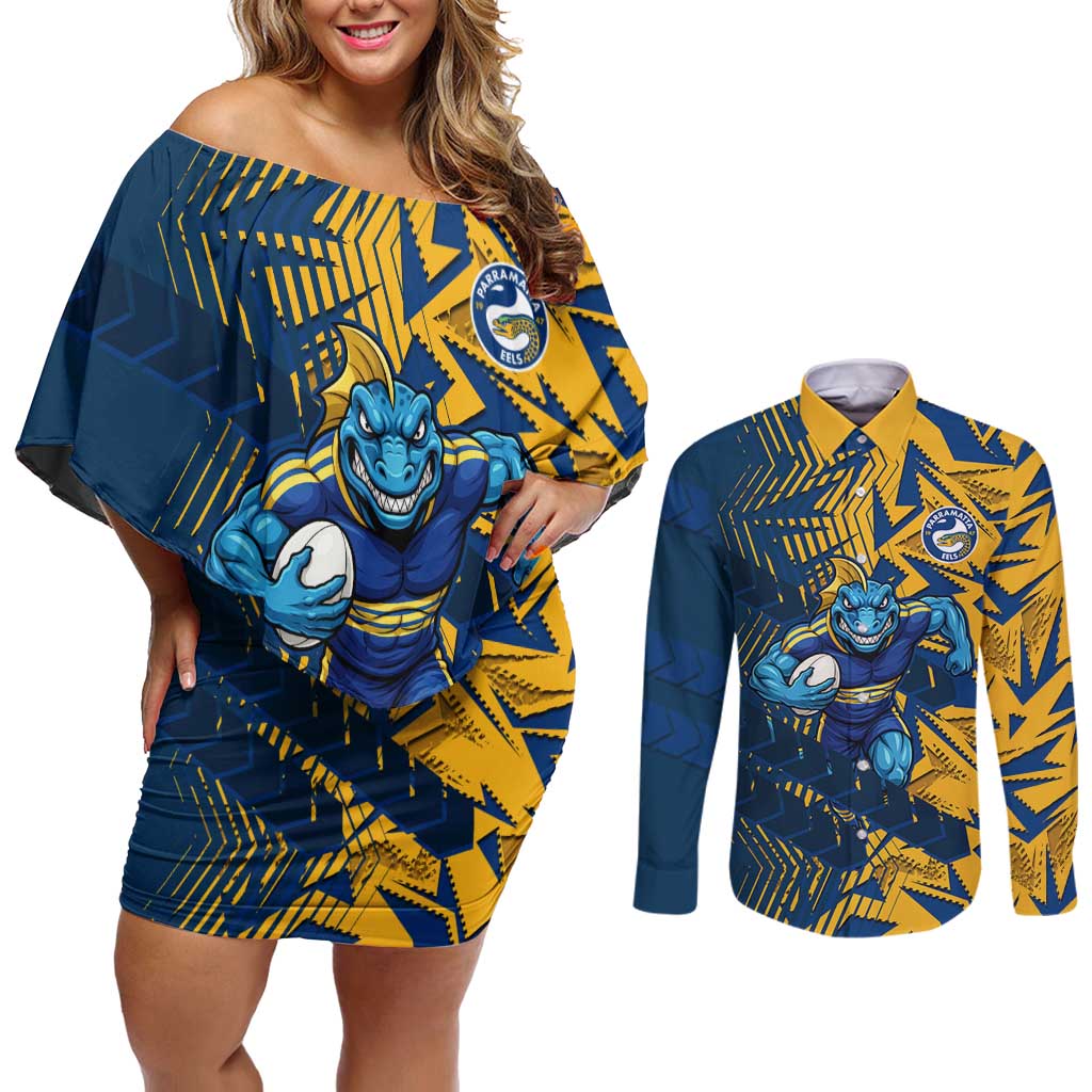 Parramatta Eels Rugby Couples Matching Off Shoulder Short Dress and Long Sleeve Button Shirt Fierce Mascot Geometric Tribal Art