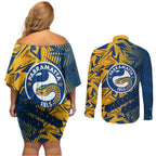 Parramatta Eels Rugby Couples Matching Off Shoulder Short Dress and Long Sleeve Button Shirt Fierce Mascot Geometric Tribal Art