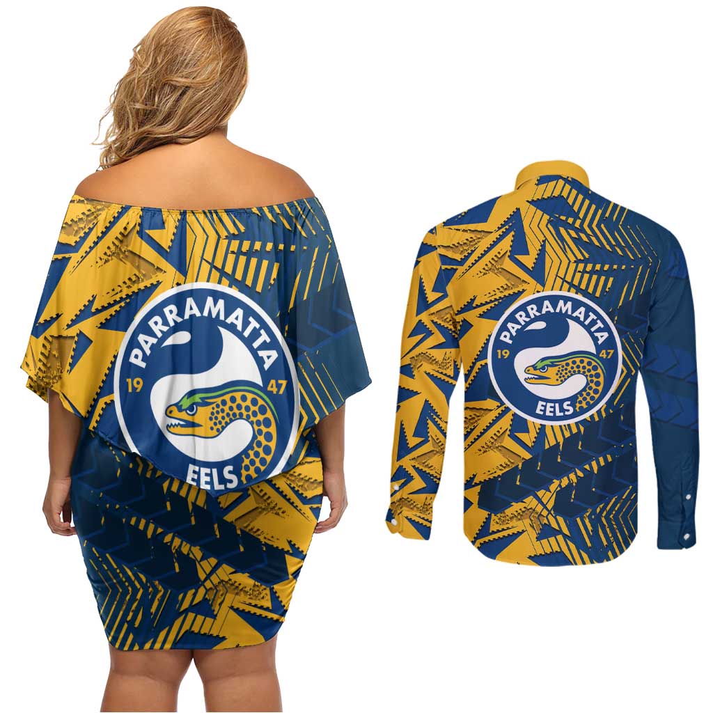 Parramatta Eels Rugby Couples Matching Off Shoulder Short Dress and Long Sleeve Button Shirt Fierce Mascot Geometric Tribal Art