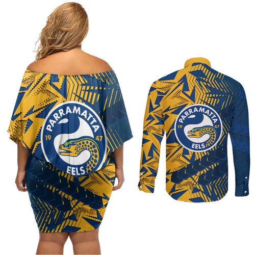 Parramatta Eels Rugby Couples Matching Off Shoulder Short Dress and Long Sleeve Button Shirt Fierce Mascot Geometric Tribal Art