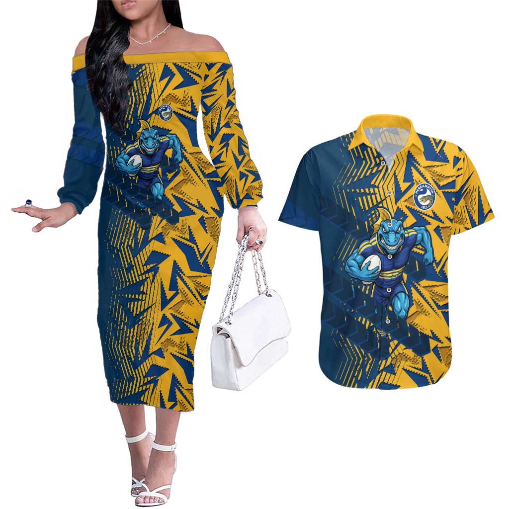 Parramatta Eels Rugby Couples Matching Off The Shoulder Long Sleeve Dress and Hawaiian Shirt Fierce Mascot Geometric Tribal Art