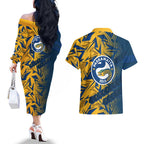 Parramatta Eels Rugby Couples Matching Off The Shoulder Long Sleeve Dress and Hawaiian Shirt Fierce Mascot Geometric Tribal Art