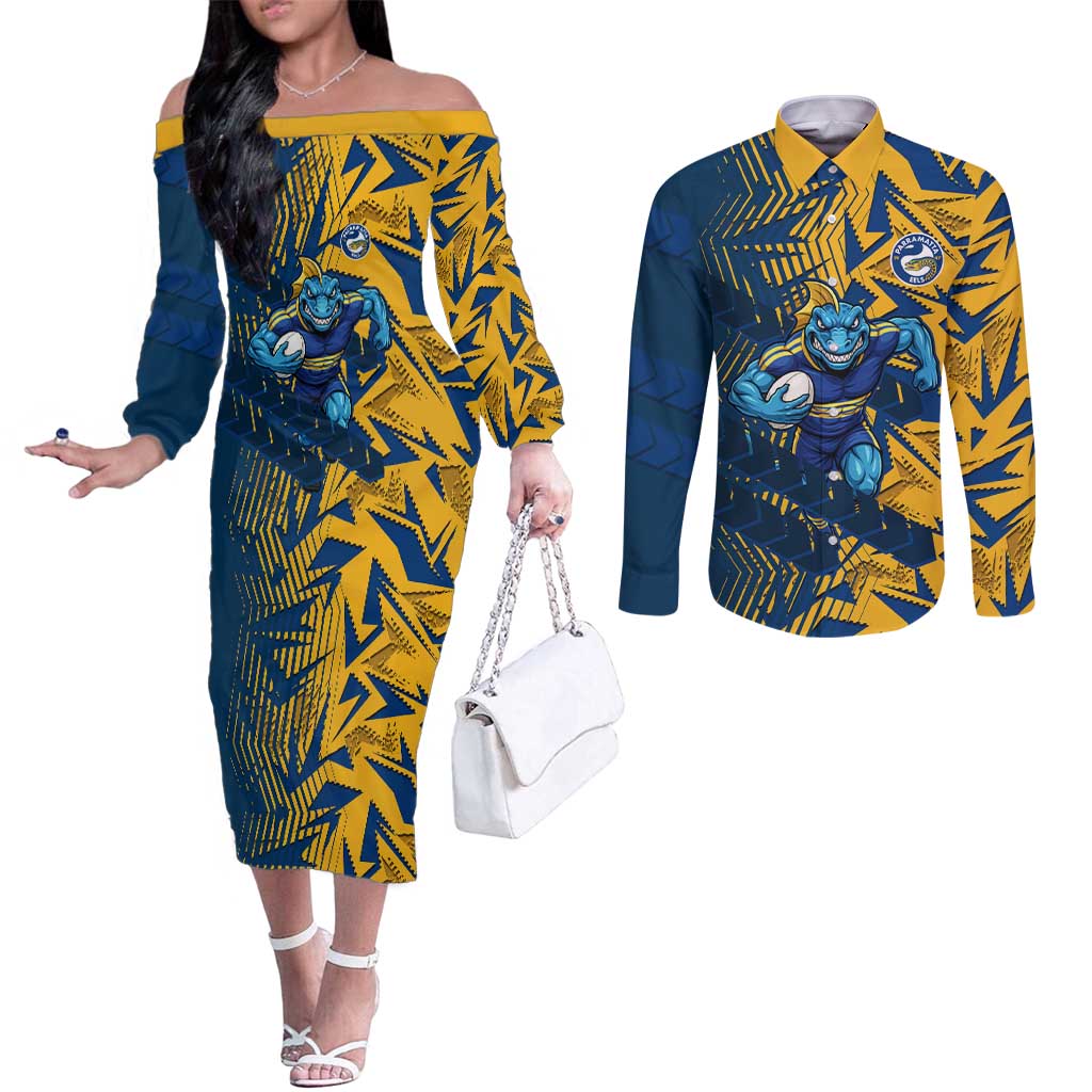 Parramatta Eels Rugby Couples Matching Off The Shoulder Long Sleeve Dress and Long Sleeve Button Shirt Fierce Mascot Geometric Tribal Art
