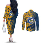 Parramatta Eels Rugby Couples Matching Off The Shoulder Long Sleeve Dress and Long Sleeve Button Shirt Fierce Mascot Geometric Tribal Art