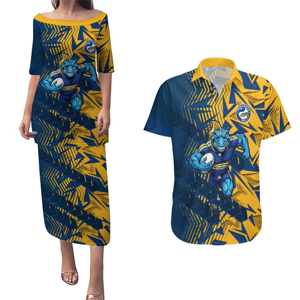 Parramatta Eels Rugby Couples Matching Puletasi and Hawaiian Shirt Fierce Mascot Geometric Tribal Art