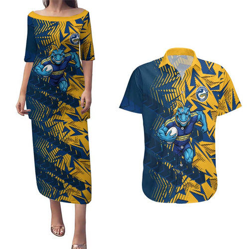 Parramatta Eels Rugby Couples Matching Puletasi and Hawaiian Shirt Fierce Mascot Geometric Tribal Art