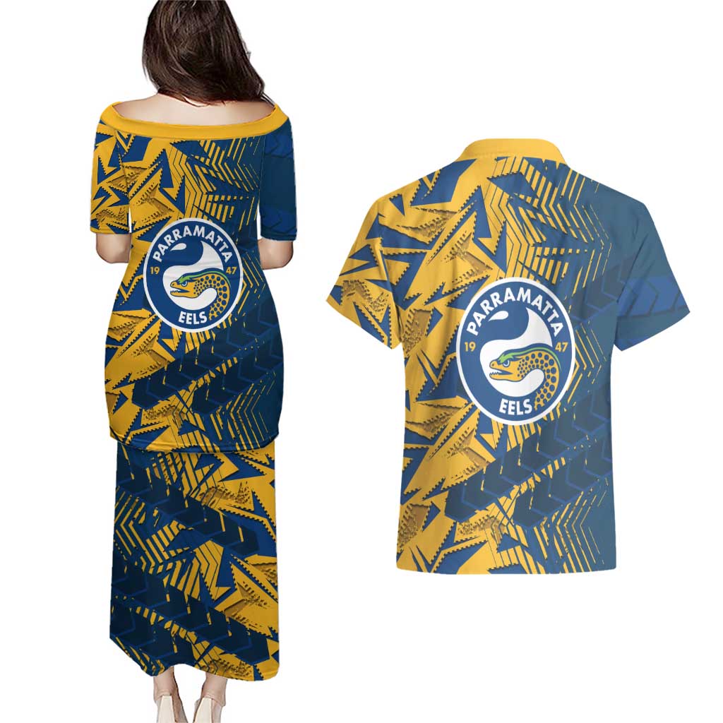 Parramatta Eels Rugby Couples Matching Puletasi and Hawaiian Shirt Fierce Mascot Geometric Tribal Art