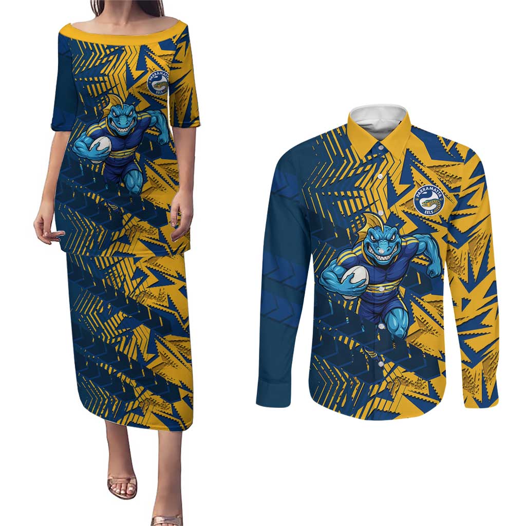 Parramatta Eels Rugby Couples Matching Puletasi and Long Sleeve Button Shirt Fierce Mascot Geometric Tribal Art