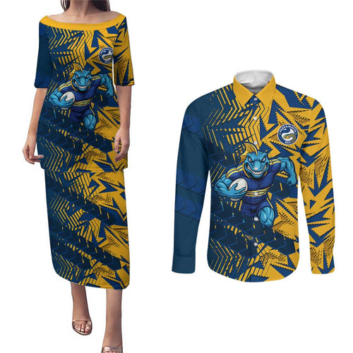 Parramatta Eels Rugby Couples Matching Puletasi and Long Sleeve Button Shirt Fierce Mascot Geometric Tribal Art