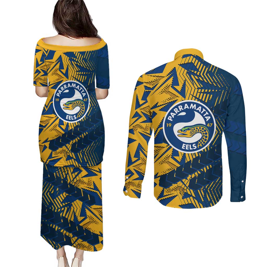 Parramatta Eels Rugby Couples Matching Puletasi and Long Sleeve Button Shirt Fierce Mascot Geometric Tribal Art