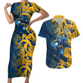 Parramatta Eels Rugby Couples Matching Short Sleeve Bodycon Dress and Hawaiian Shirt Fierce Mascot Geometric Tribal Art